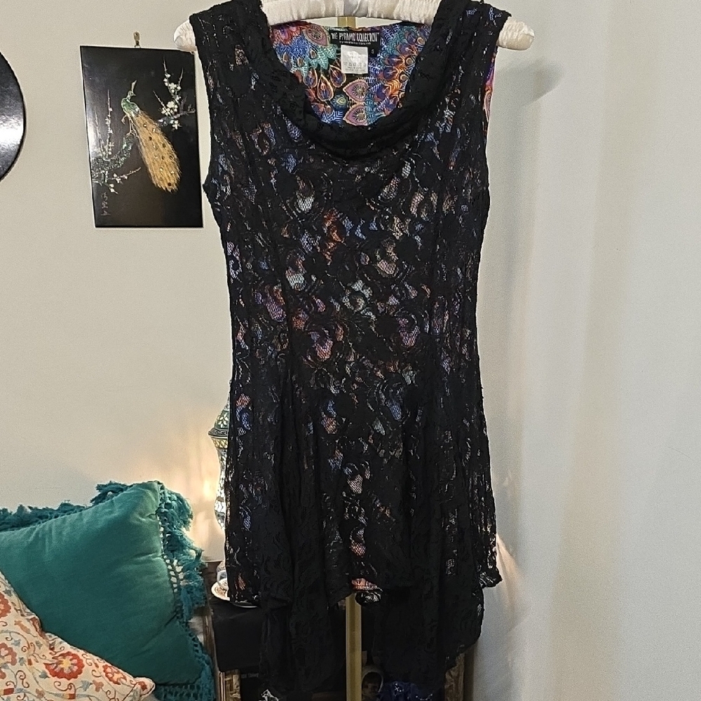 Pyramid Collection Black Lace Mini Dress with Multicolor Lining